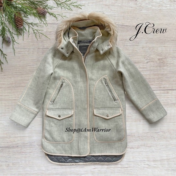 J.Crew Italian Stadium-Cloth sage Wool Coat with Faux Fur Hood *shop@iamwarrior - Picture 5 of 11